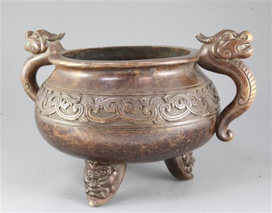 A very large Chinese bronze ding censer, Xuande mark, width 39cm height 24.5cm weight 8.49kg